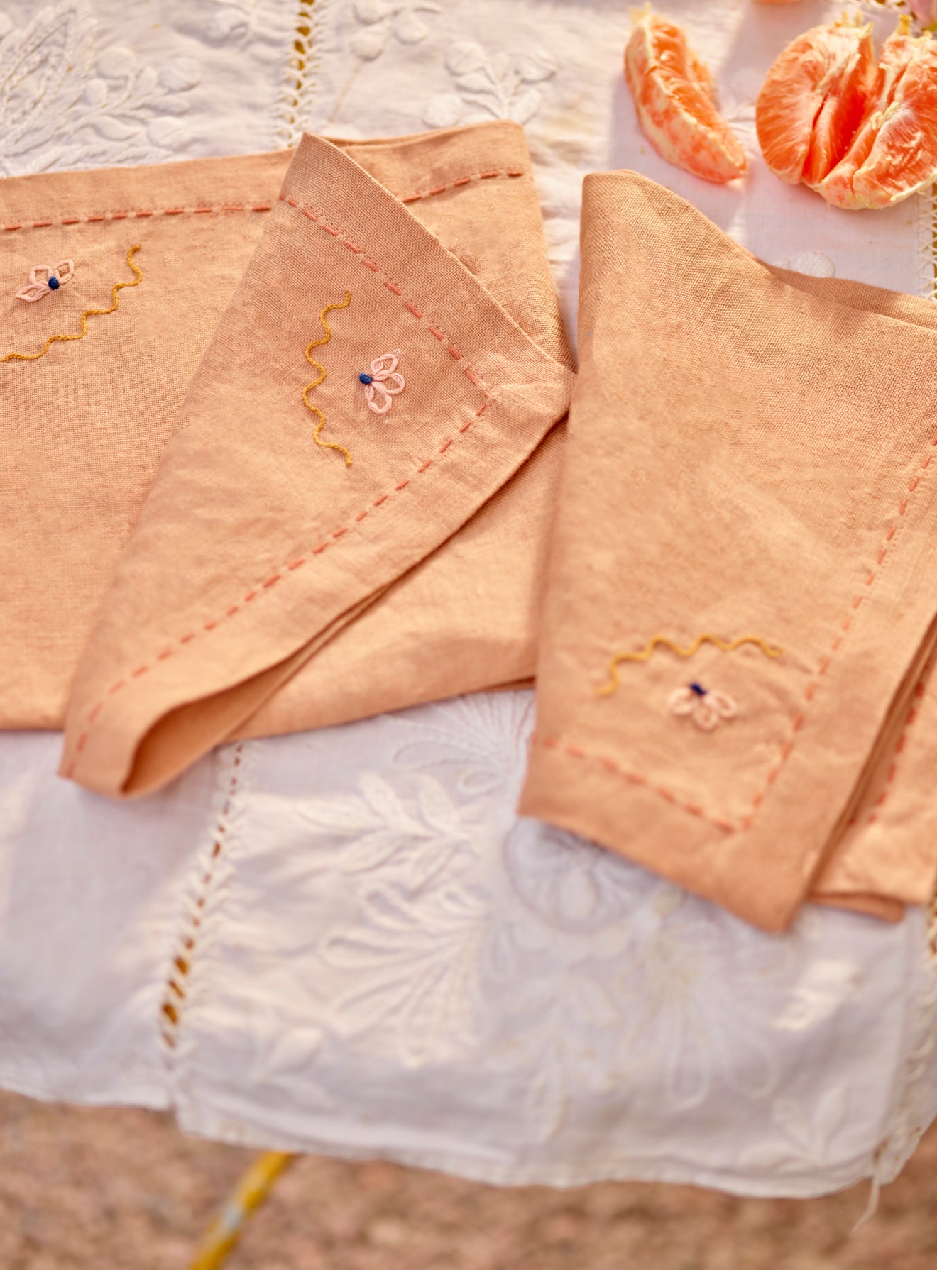 Embroidered Linen Napkin, Soft Peach, Set of Two