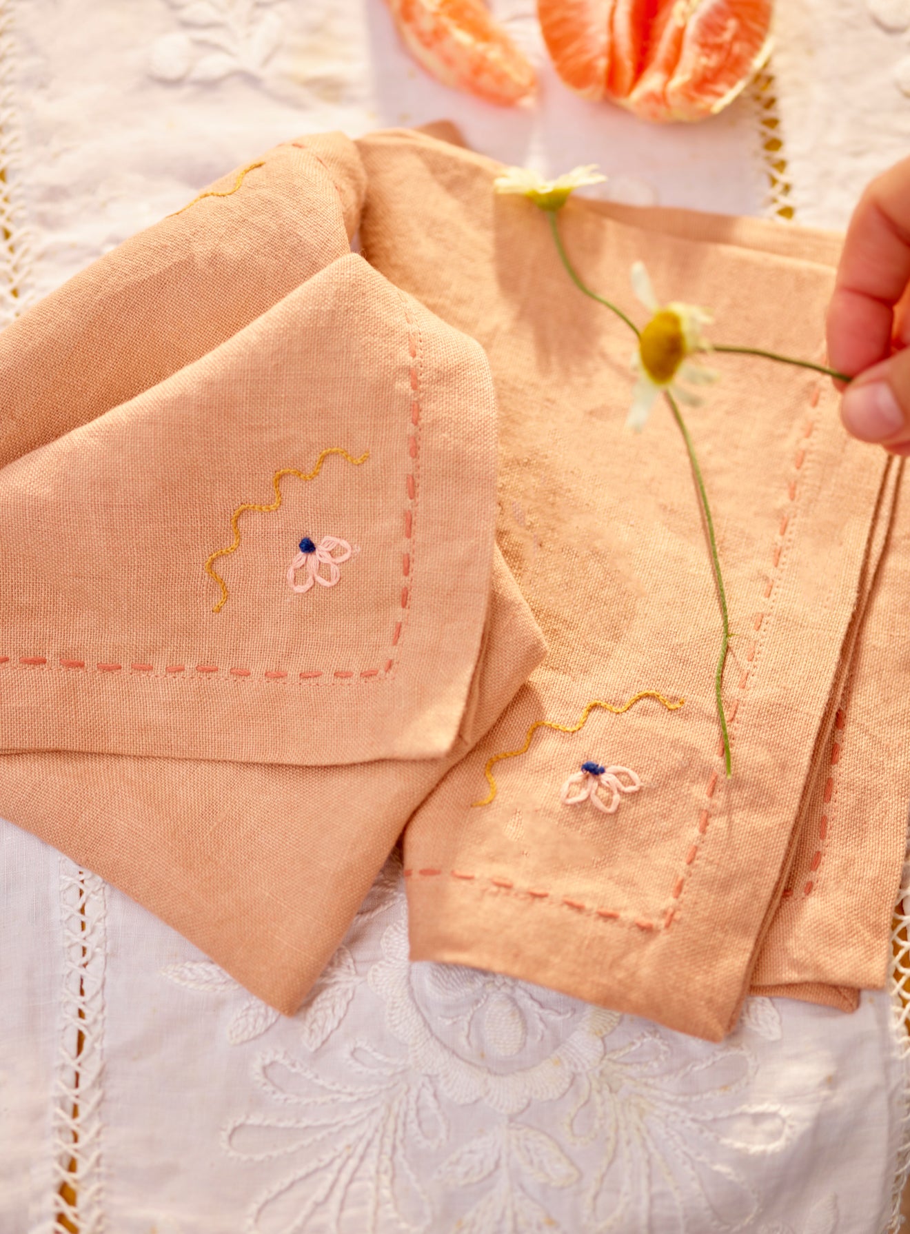 Embroidered Linen Napkin, Soft Peach, Set of Two
