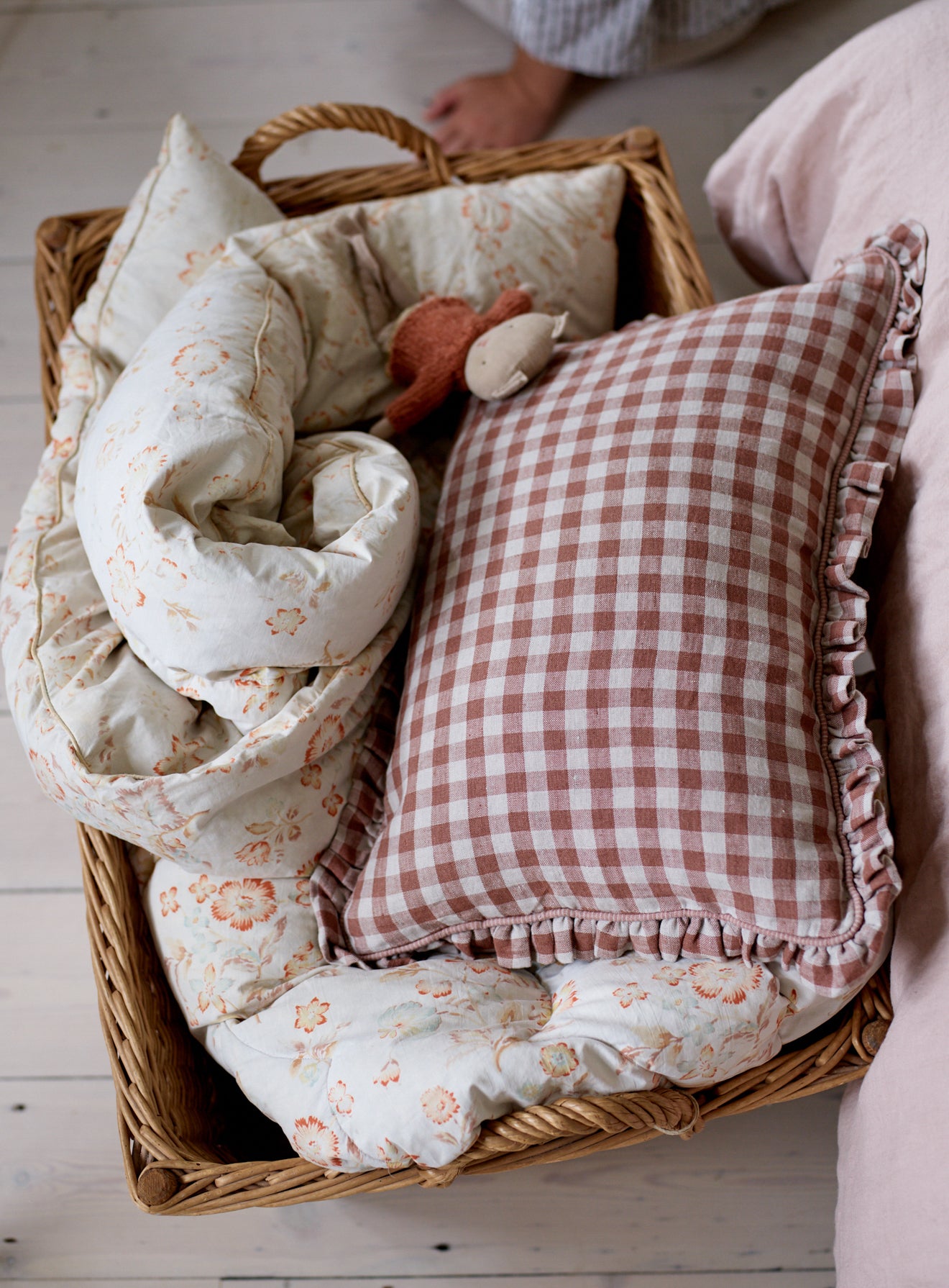 Tilly Gingham Frill Cushion, Blush Red