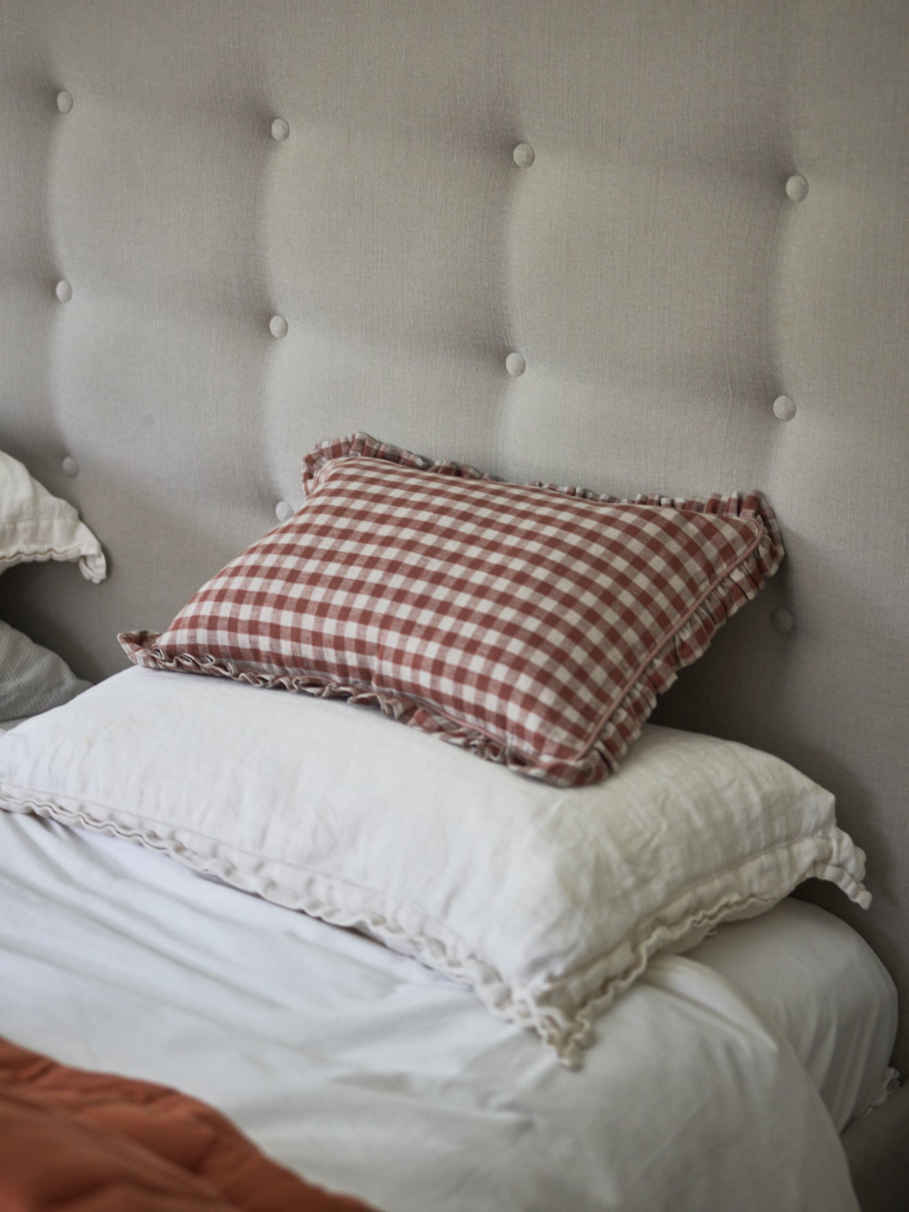 Tilly Gingham Frill Cushion, Blush Red Rowen Wren