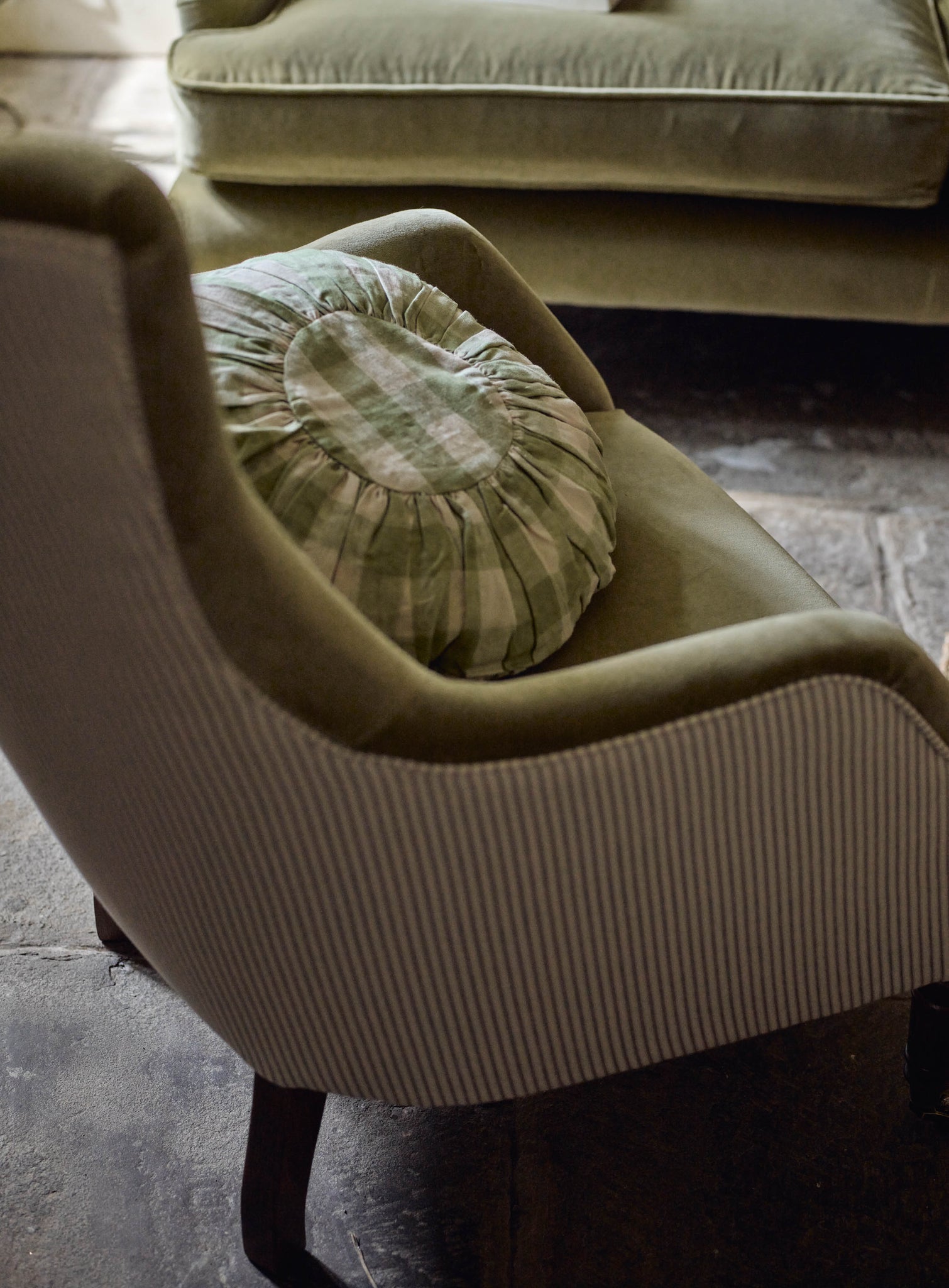 Bromley Wingback Chair, Sage Velvet & Heritage Mole Stripe