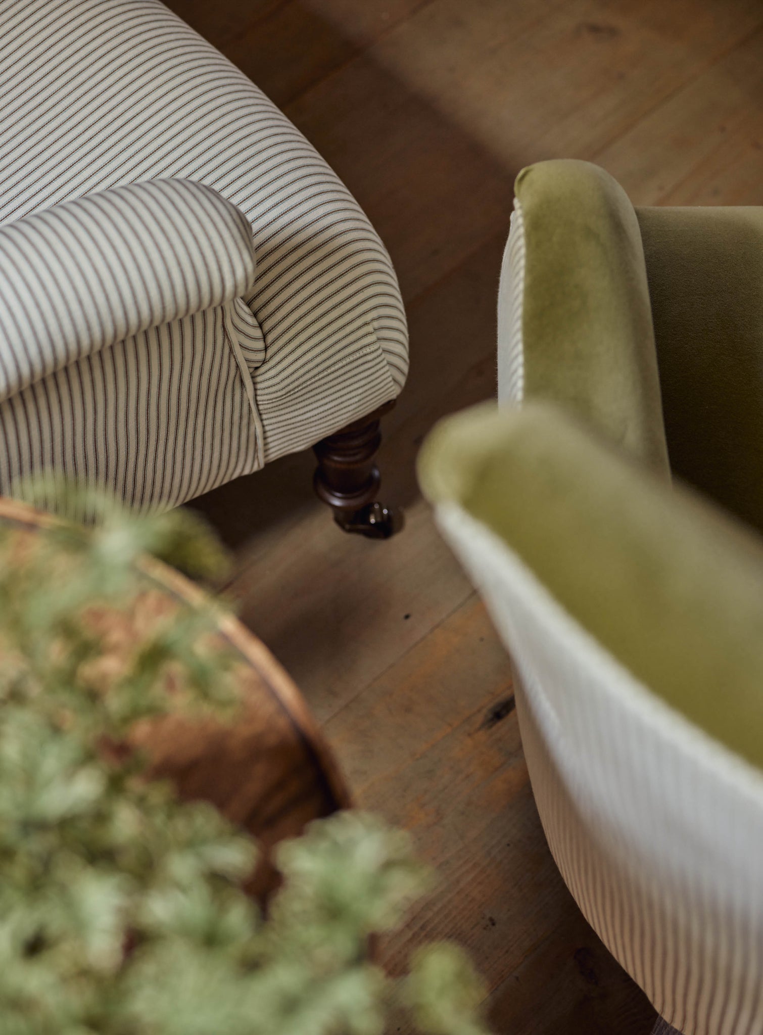 Bromley Wingback Chair, Sage Velvet & Heritage Mole Stripe