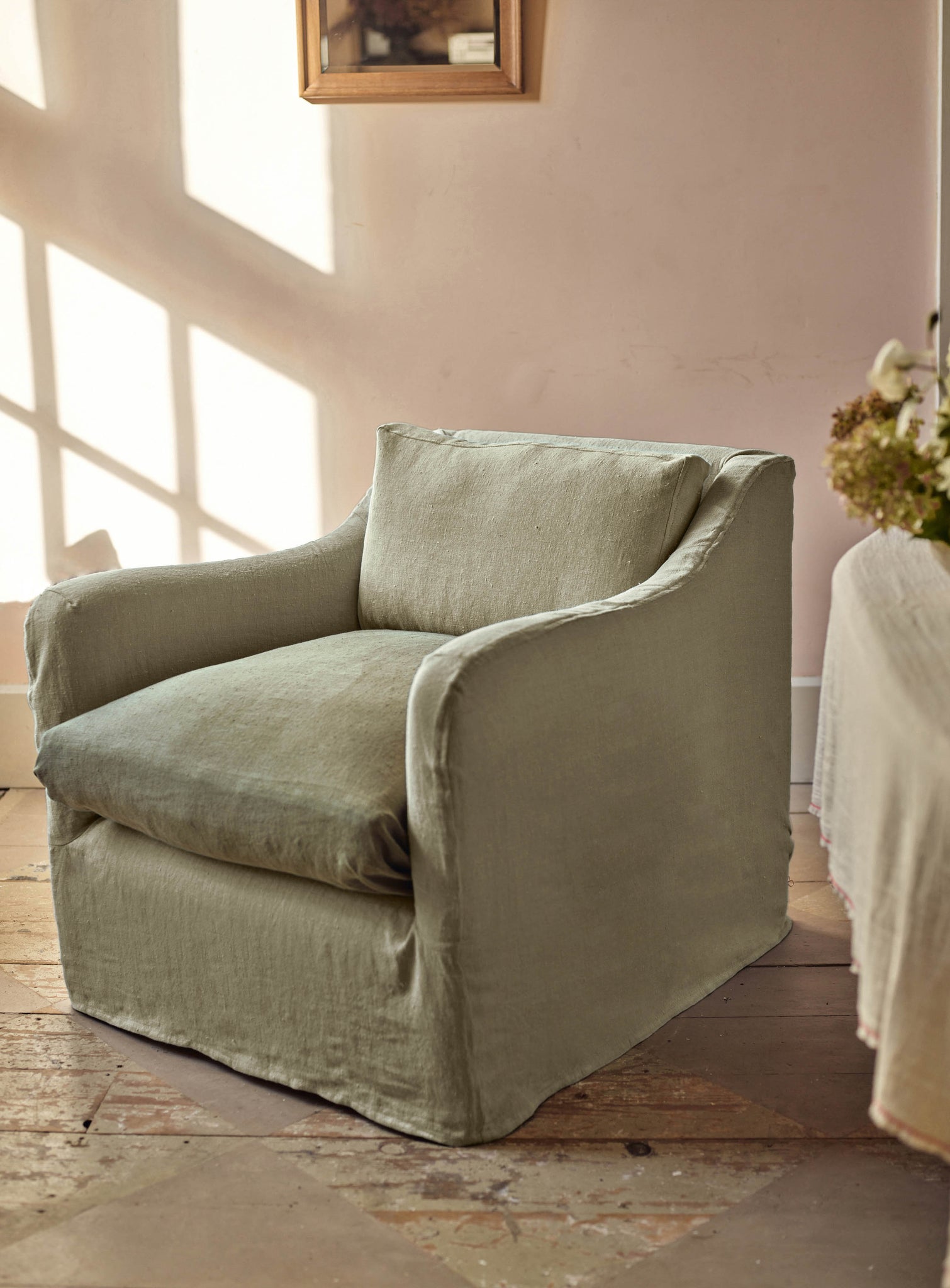 Warren Loose Cover Armchair, Olive Linen