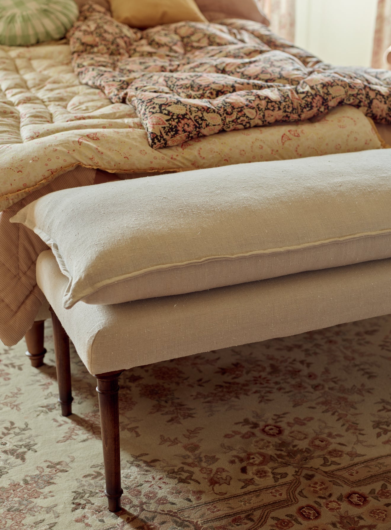 Mila Upholstered Bench, Soft Sage Cotton