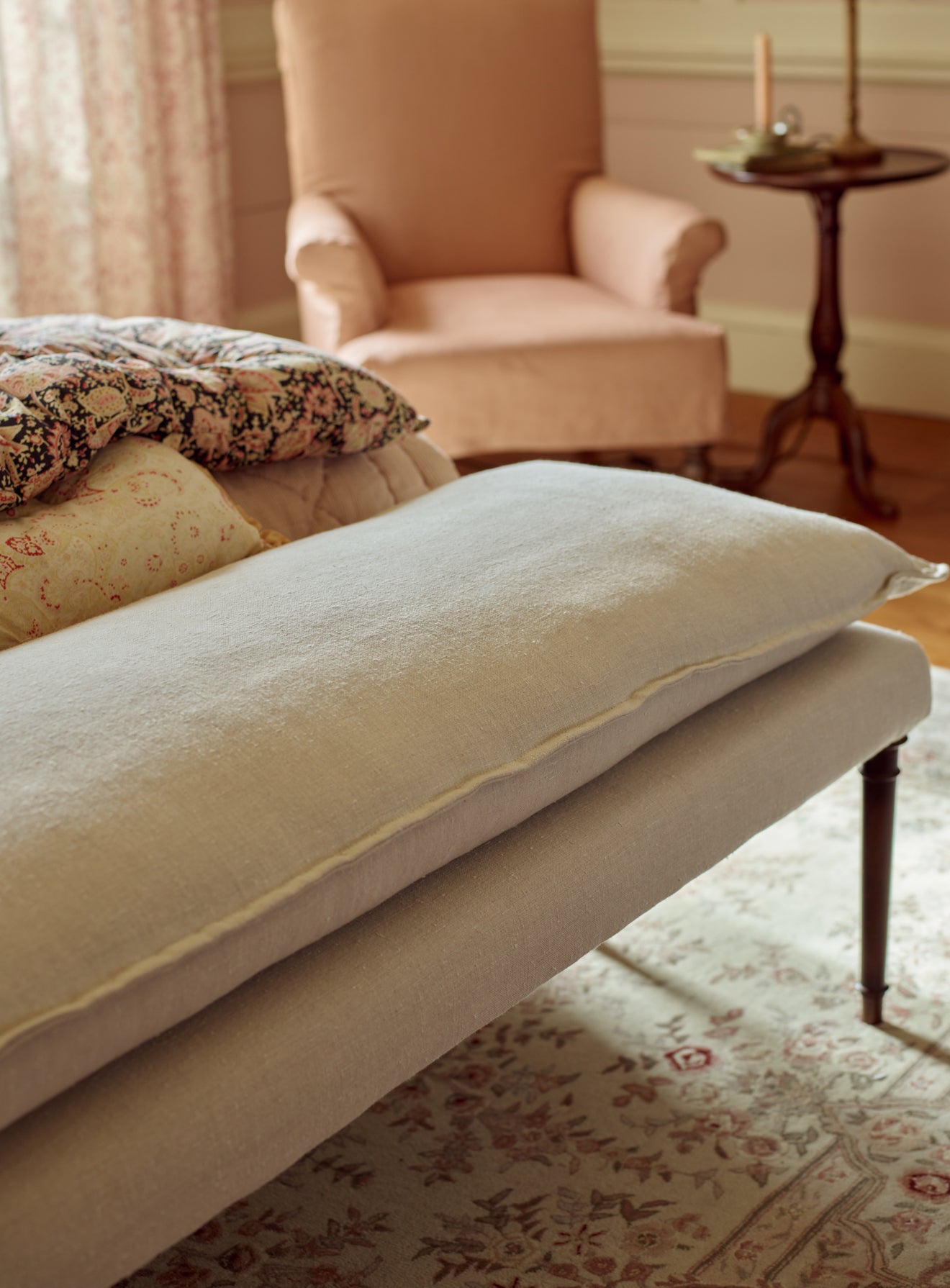 Mila Upholstered Bench, Soft Sage Cotton