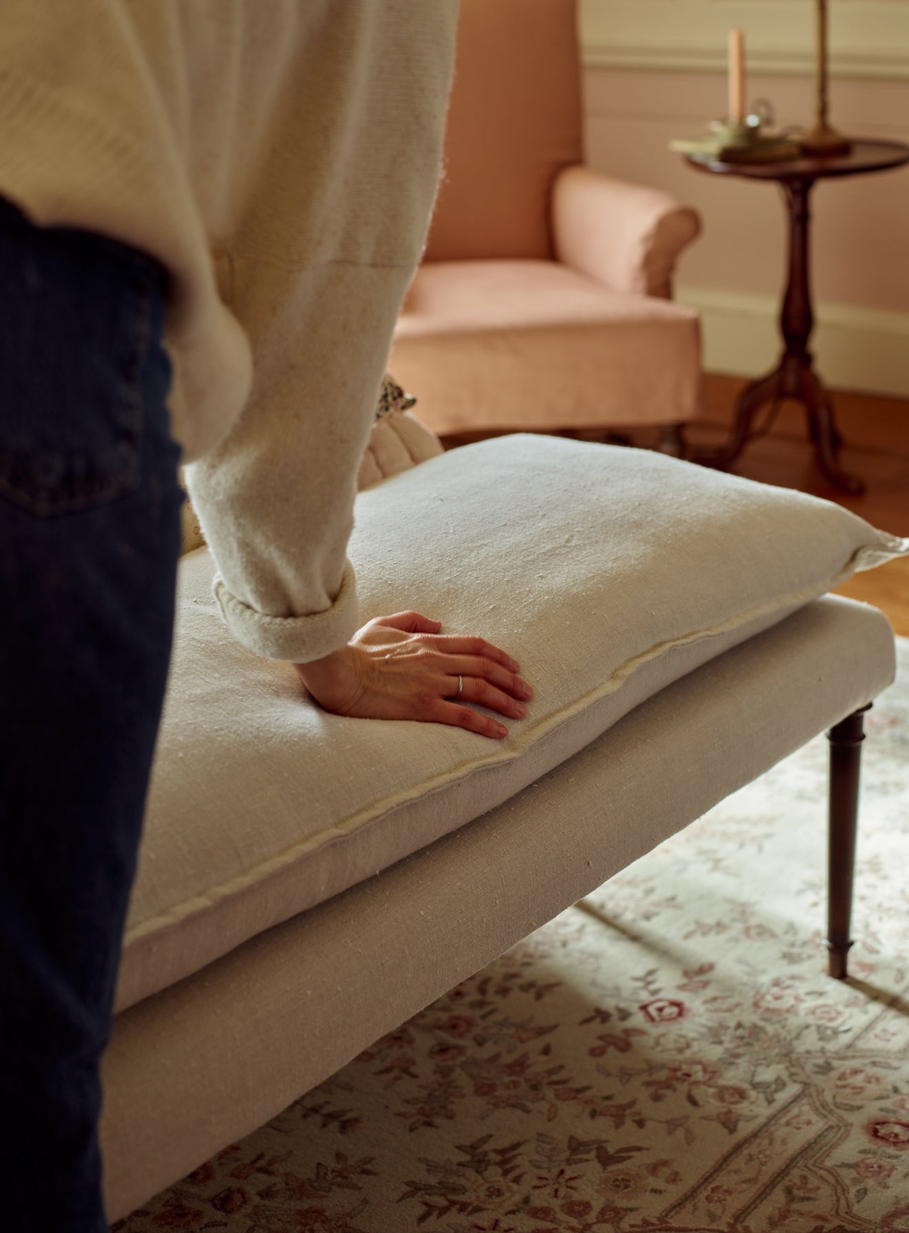 Mila Upholstered Bench, Soft Sage Cotton