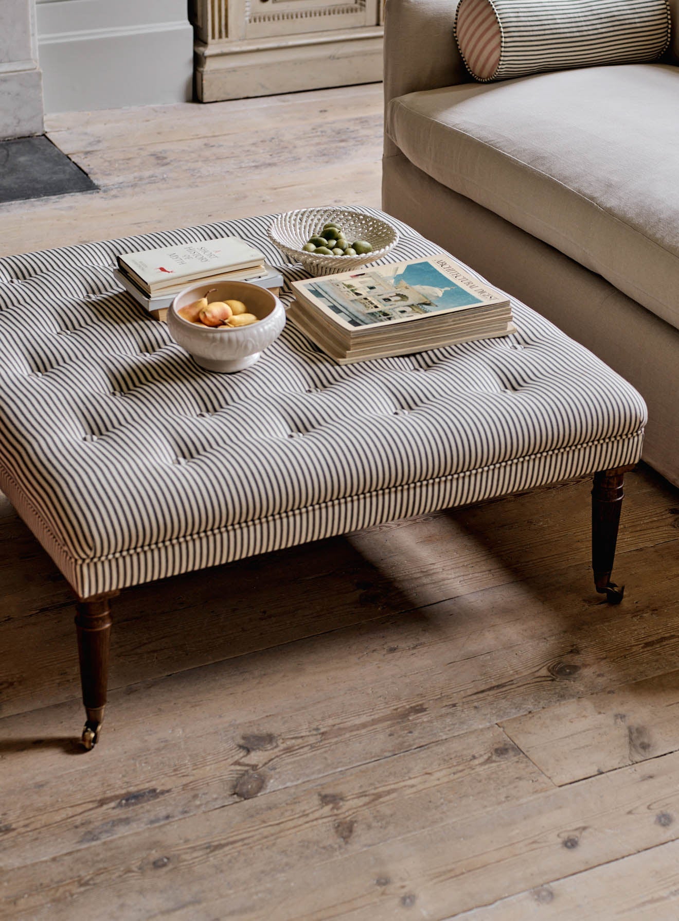 Freyer Footstool, Square, Grey Ticking Stripe