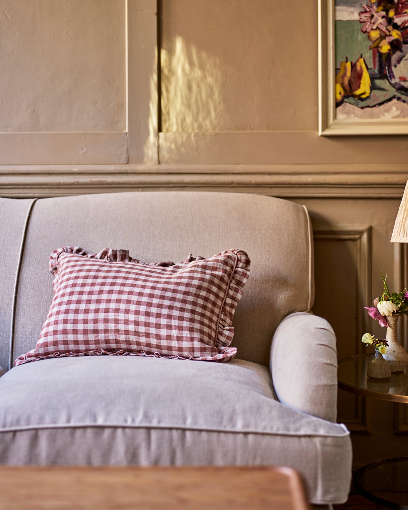 Tilly Gingham Frill Cushion Blush