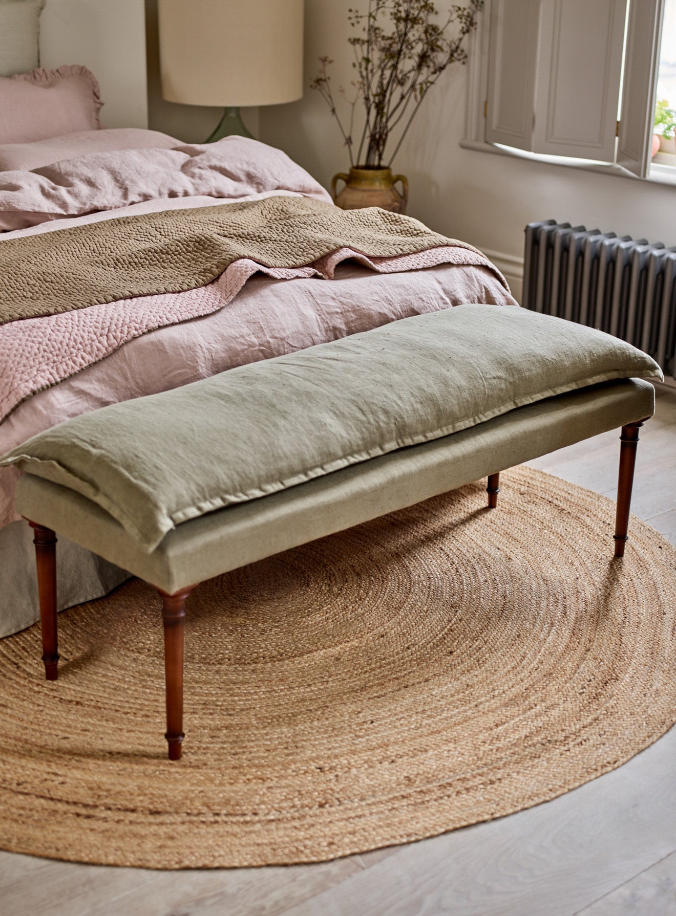 Mila Upholstered Bench, Olive Linen