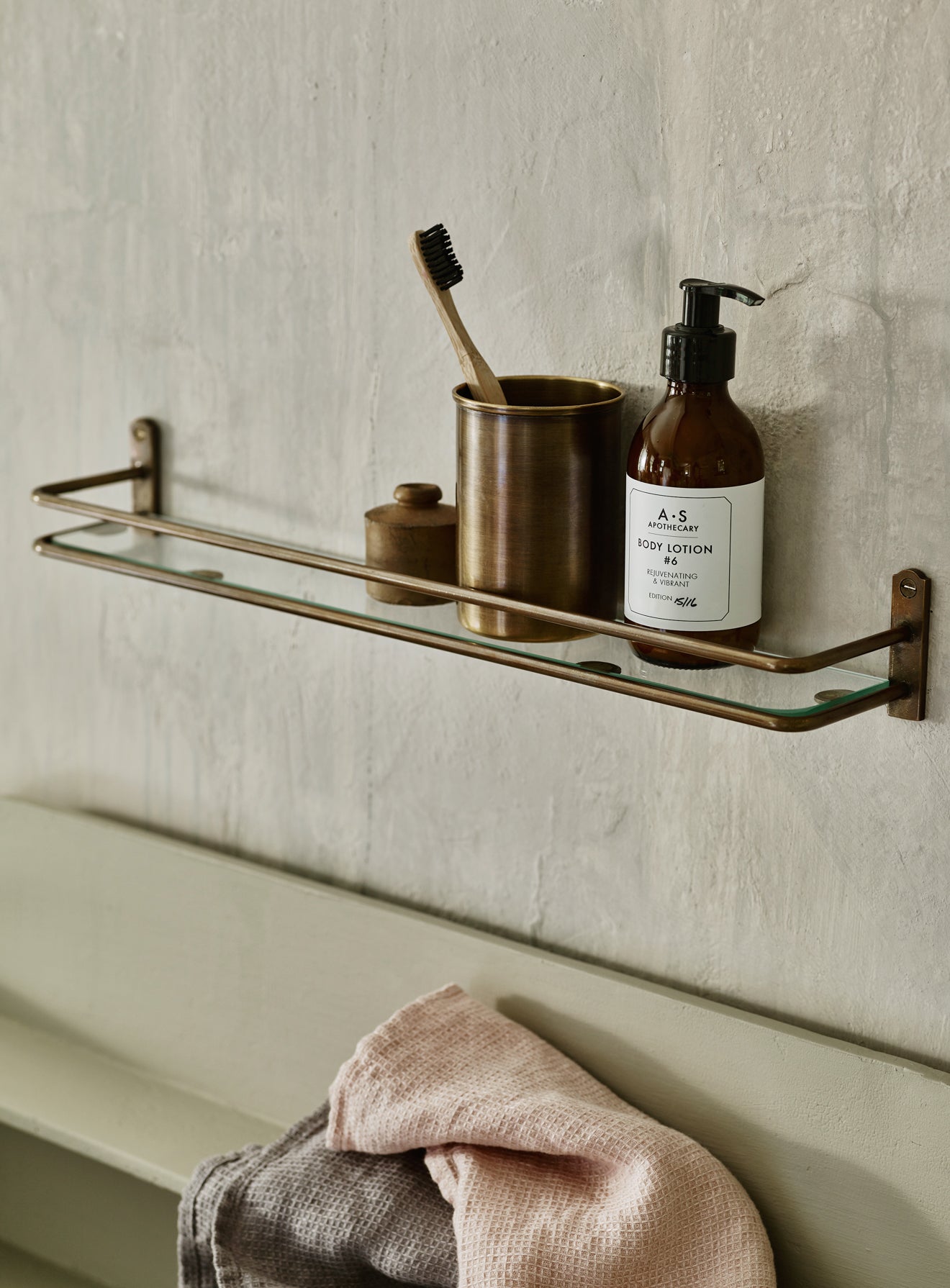Bilton Bathroom Shelf, Antique Brass
