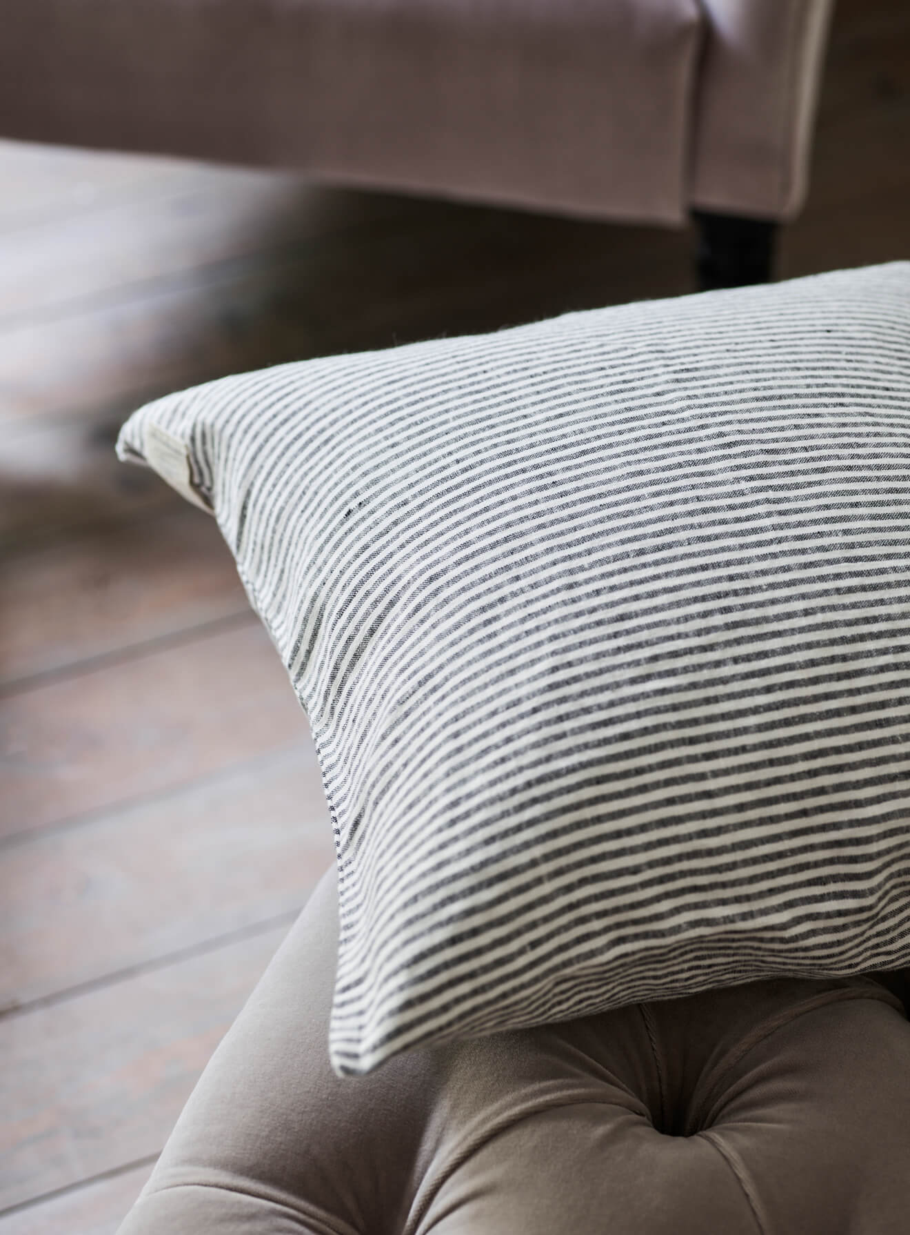 Washed Linen Cushion Cover, Fine Black Stripe